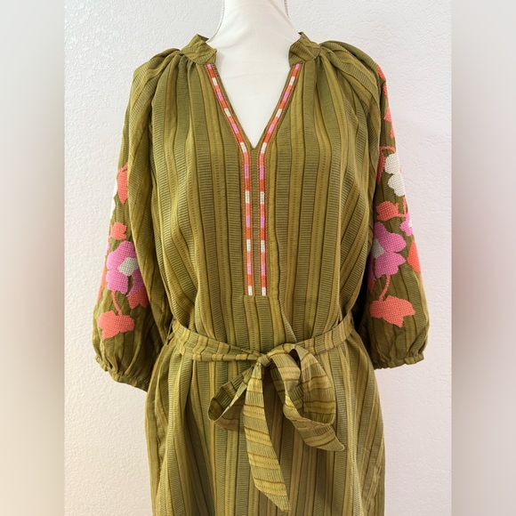 THML Olive Green Embroidered Striped Floral Maxi Dress L Ballon Sleeve. - Picture 5 of 15
